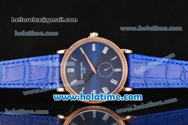 Patek Philippe Calatrava Miyota Quartz Rose Gold Case with Roman Numeral Markers and Blue Dial - Click Image to Close